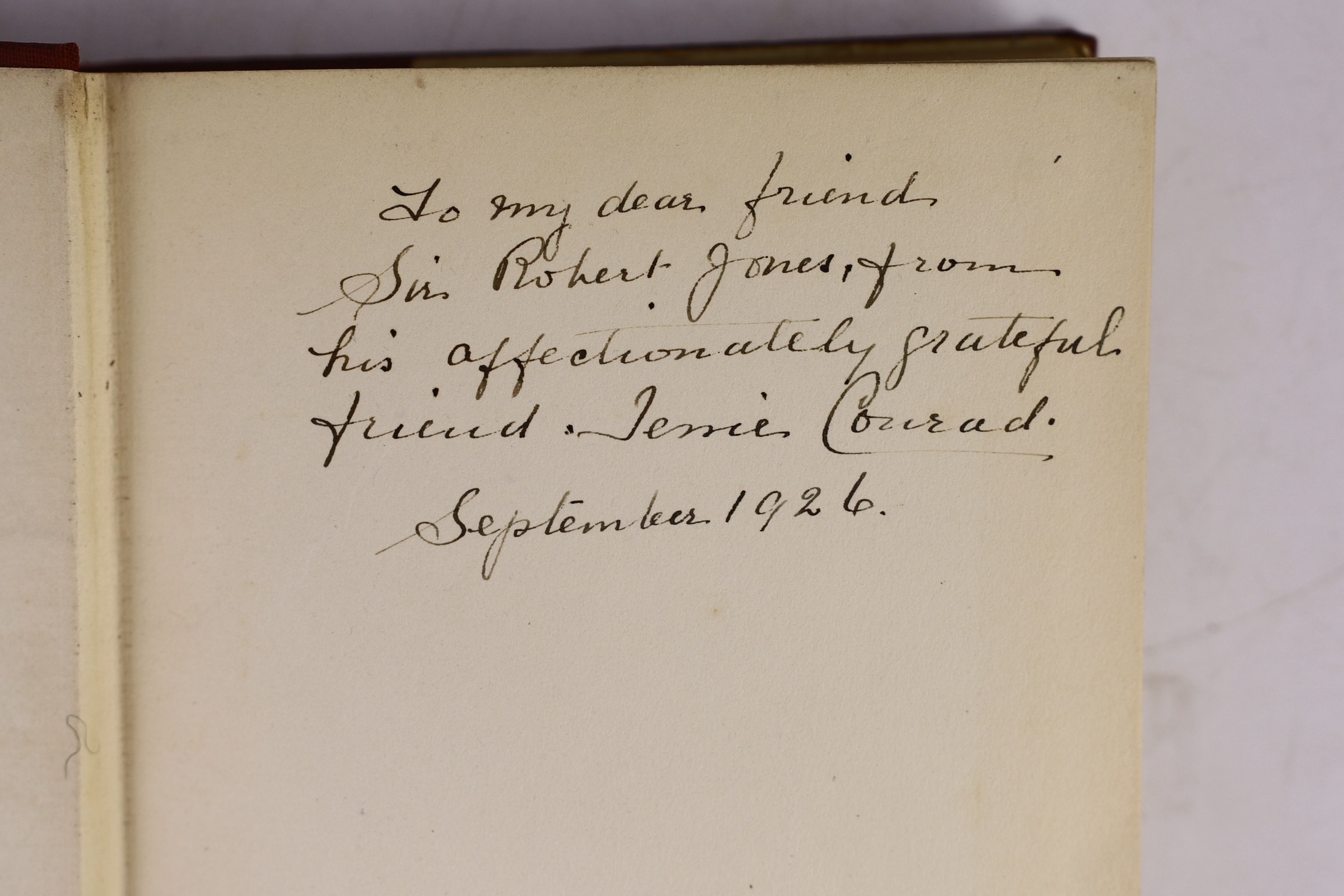 Conrad, Jessie - Joseph Conrad as I Knew Him, 1st edition, with ink inscription, ‘’To my dear friend Sir Robert Jones, from his affectionately grateful friend Jessie Conrad’’, 8vo, cloth in torn d/j, William Heinemann, L